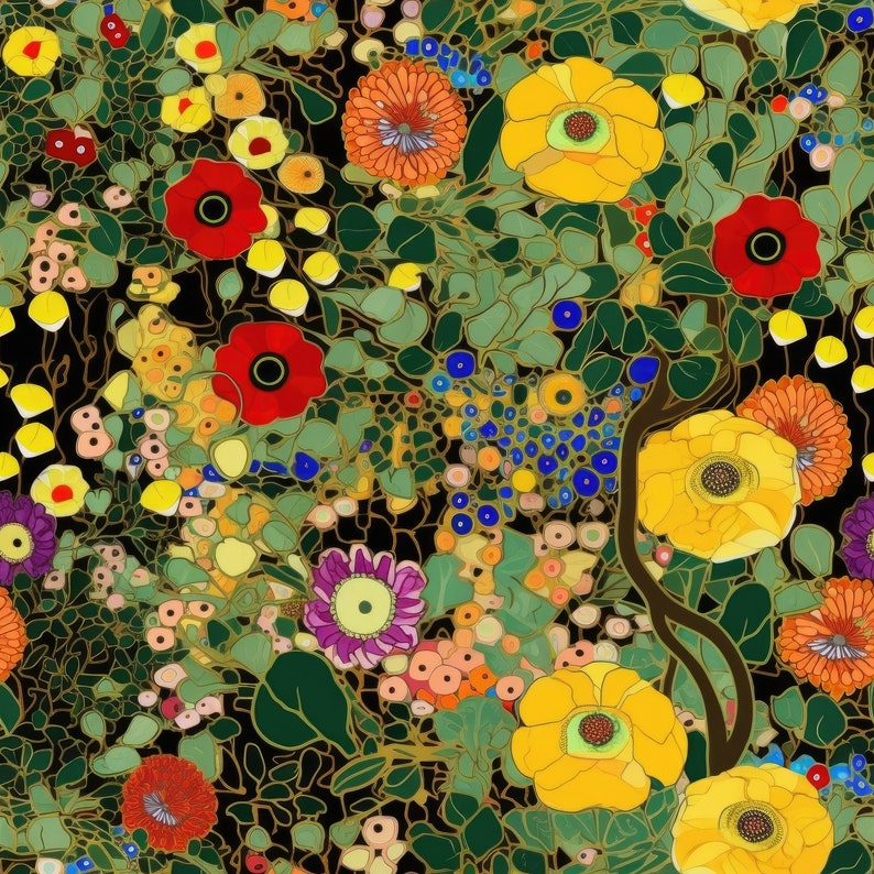 Puede incluir: Un patr&oacute;n floral colorido con una variedad de flores, incluyendo rojas, amarillas, azules y verdes. Las flores est&aacute;n dispuestas en un patr&oacute;n aleatorio sobre un fondo negro.