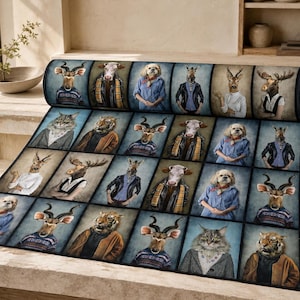 Dressed Animals Fabric, Anthropomorphic Animal Portraits, Whimsical Gallery Print, Maximalist Decor Textile