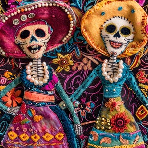 May include: Two colorful Day of the Dead dolls with embroidered details and floral patterns. The dolls are wearing traditional Mexican clothing and have painted faces with skull designs.