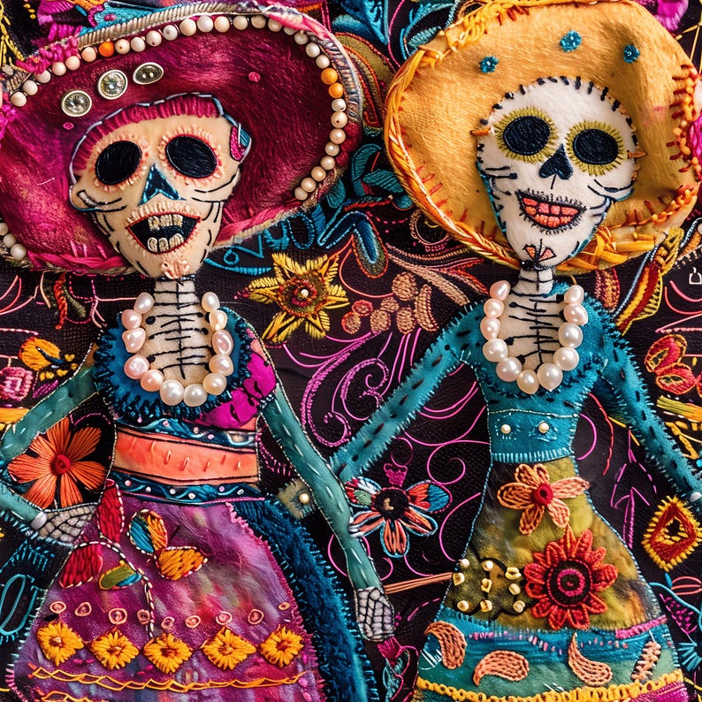 May include: Two colorful Day of the Dead dolls with embroidered details and floral patterns. The dolls are wearing traditional Mexican clothing and have painted faces with skull designs.