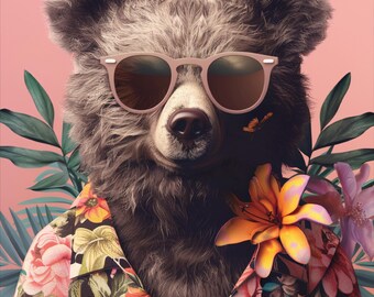 クマの花 – サングラスベアファブリックパネルセット、花柄サマー