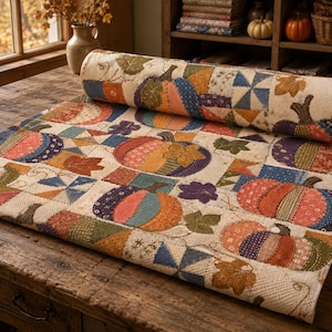 Puede incluir: Un rollo de tela acolchada con un patrón repetitivo de calabazas y hojas de otoño en tonos naranja, azul, verde y morado sobre un fondo crema. El tejido muestra un diseño de patchwork con formas geométricas y detalles de costura.