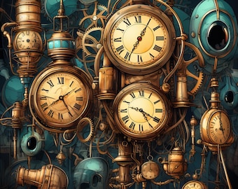 May include: An intricate steampunk-style illustration featuring multiple clocks and gears. The clocks have Roman numerals and are set against a teal and bronze background. Various mechanical components and pipes are visible.
