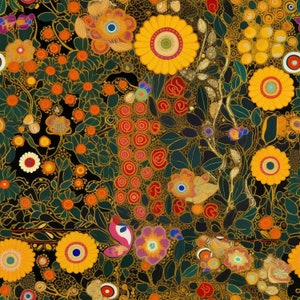 Puede incluir: Un patr&oacute;n floral intrincado y colorido con fondo negro. El dise&ntilde;o presenta una variedad de flores, hojas y otros elementos bot&aacute;nicos en tonos de rojo, amarillo, verde y azul.