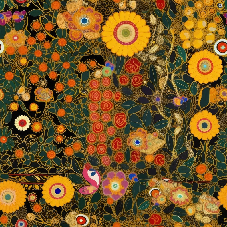 Puede incluir: Un patr&oacute;n floral intrincado y colorido con fondo negro. El dise&ntilde;o presenta una variedad de flores, hojas y otros elementos bot&aacute;nicos en tonos de rojo, amarillo, verde y azul.
