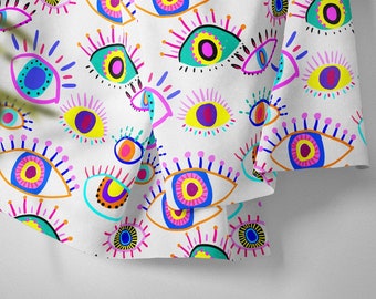 Evil Colorful Hand-drawn Eyes Fabric by the yards | Geometric Fabric | Polyester | Upholstery fabric| Bag | Furniture Drapery Sofa