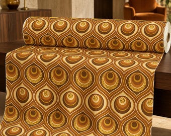 Tessuto stampato anni '70 tagliato su misura, fantasia geometrica groovy, arancione e marrone retrò, arredamento di metà secolo.