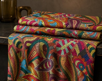 Tessuto stampato con motivo paisley tagliato su misura, colorato, stile boho massimalista retrò psichedelico, perfetto per il cucito.