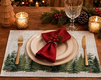 May include: A rectangular placemat featuring a printed forest of green pine trees, topped with a cream-colored plate, a deep red linen napkin held by a gold-toned ring with red berries and pine needles, a gold fork, and a gold knife.