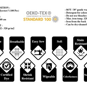 Pu&ograve; includere: Un grafico informativo che dettaglia le specifiche di un tessuto 100% poliestere. Indica una larghezza di 140 cm, un peso di 320 g/m2 e la certificazione Oeko-Tex Standard 100. Le icone illustrano le caratteristiche: durevole, traspirante, facile da cucire, morbido, resistente alle macchie, tintura certificata, resistente al restringimento, pulibile, solidit&agrave; del colore e tessuto non elastico.