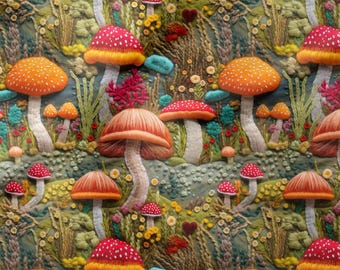 Mushroom Forest Fabric: 3D Embroidered-Look Botanical Print