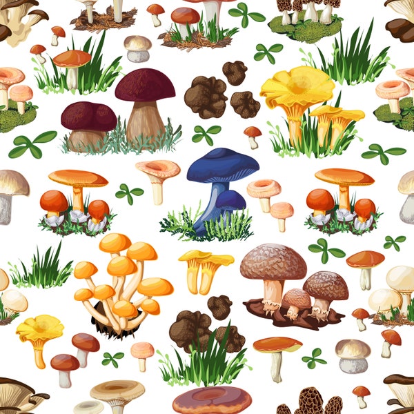 Cultured mushrooms fabric hand-drawn mushrooms fabric on plaid floor by the Yard | , Truffle Wrappers ,Mushroom Pattern ,Forest Wild Species