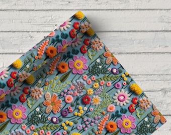 Floral Embroidered Effect Print Fabric: Vibrant Boho Upholstery