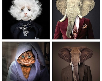 Elephant & Cat Fabric Poster: Novelty Upholstery Print