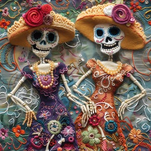 May include: Two colorful Day of the Dead skeleton figures wearing hats and dresses with floral embroidery. The figures are posed with their arms outstretched and smiling.