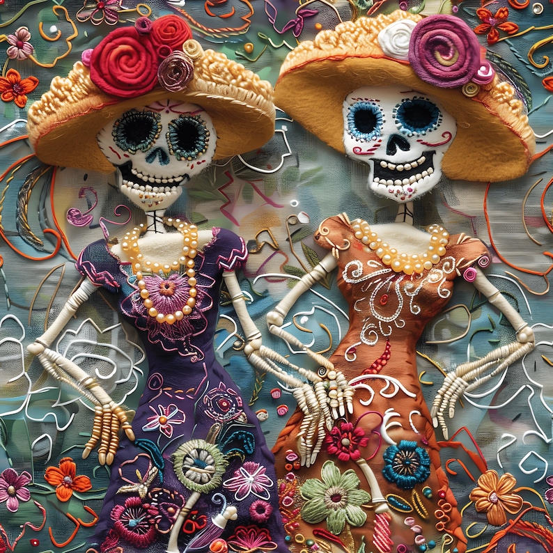 May include: Two colorful Day of the Dead skeleton figures wearing hats and dresses with floral embroidery. The figures are posed with their arms outstretched and smiling.