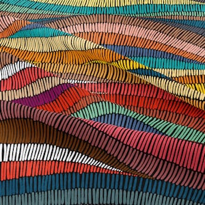 May include: Abstract colorful fabric with a wavy striped pattern. The fabric is made of a soft, textured material and features a variety of colors, including red, orange, yellow, green, blue, and purple.