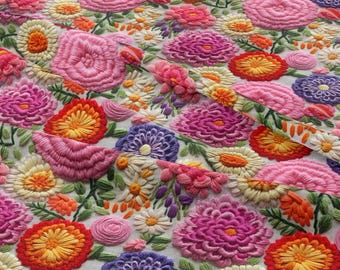 Floral Embroidered Effect Fabric by the yards, Print Fabric, Vibrant Boho Decor, Upholstery, Polyester Fabric, Sewing Fabric