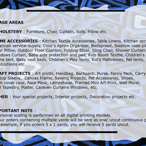 May include: A list of usage areas for fabric, including upholstery, home accessories, craft projects, and other uses. The text also includes an important note about scaling for digital printing.