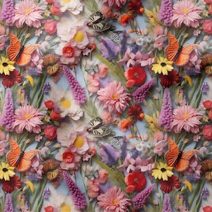Colorful Butterfly & Wildflower Digital Print Fabric – Lush 3D Floral for DIY Decor  Crafts ,DIY Home Decor, Vibrant Boho Decor