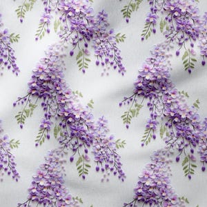 Tessuto 3D con fiori di glicine – Stampa digitale a cascata viola per un arredamento elegante, fodere per cuscini e progetti fai da te creativi