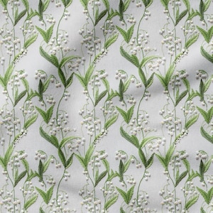 Lily of the Valley Embroidered Effect Fabric – Elegant White & Green Digital Print – Cottagecore Sewing Textile