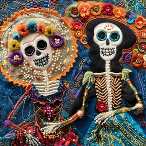 May include: Two embroidered sugar skull figures with colorful floral headbands and beaded embellishments. The figures are wearing traditional Mexican clothing and are set against a blue background.