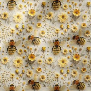 May include: A seamless pattern featuring yellow flowers and bees on a cream background. The bees are stylized and have black and yellow stripes. The flowers are simple and have five petals.