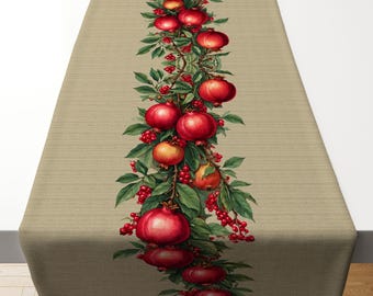 Pomegranate Table Runners, Pomegranate on the linen effect table runner, Winter Table Xmas housewarming gift, Rustic Christmas Decor