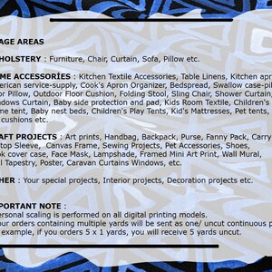 May include: A list of usage areas for fabric, including upholstery, home accessories, craft projects, and other uses. The text also includes an important note about scaling for digital printing.