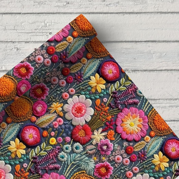 Floral Print Fabric: Vibrant Embroidered Effect Polyester, Boho Decor