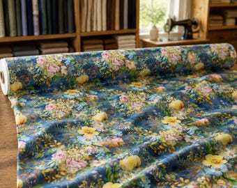 Watercolor Floral Fabric by the Yard, Blue Botanical Rose Print, Romantic Cottagecore Home Decor