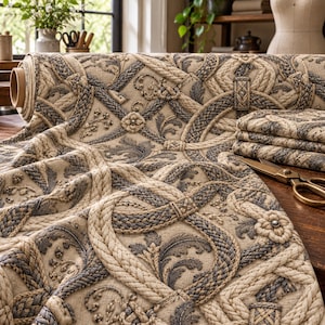 Ropework Fabric, Celtic Knot Brocade, Medieval Ornamental Neutral, Graphite Upholstery Curtain Gothic Home Textile