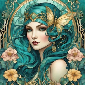 Art Deco Fairy Fabric Panel: Green & Gold Art Nouveau Print