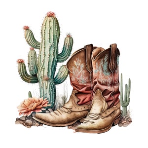 Cowboystiefel Kaktus Aquarell Panel Stoff, Posterdruck Stoff, Stuhlpolsterung, Wohndekoration, Panel Stoff, Boho Wandkunst Stoff