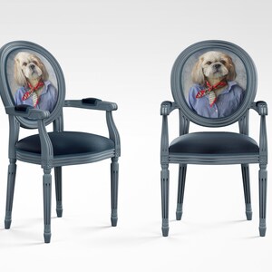 May include: Two gray armchairs with oval backs featuring a printed image of a dog wearing a blue shirt and red bandana. The chairs have a dark blue velvet seat and are on a white background.