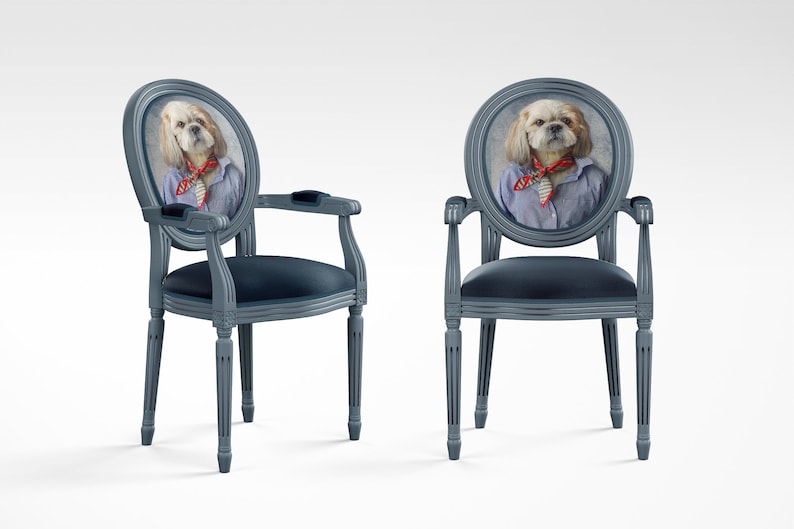 May include: Two gray armchairs with oval backs featuring a printed image of a dog wearing a blue shirt and red bandana. The chairs have a dark blue velvet seat and are on a white background.
