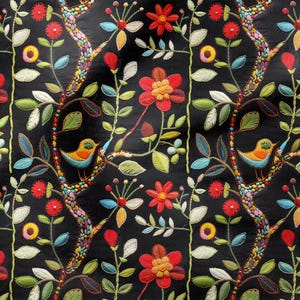 Dark Floral & Bird Embroidered Effect Digital Print Fabric by the yards - Boho Decorative Textile for DIY Upholstery