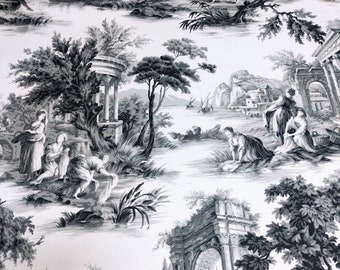 Grå Toile de Jouy-tyg: klädsel i vintagestil, 55" bred