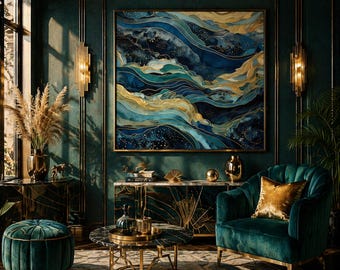 May include: An interior design scene featuring a large abstract painting with blue and gold tones. A teal velvet armchair with a gold pillow sits near a round coffee table. The room has dark green walls and gold accents.