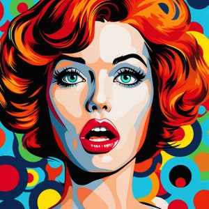 Peut inclure: Une femme aux cheveux roux sur un fond rouge, bleu et jaune vif. Ses yeux sont verts et ses lèvres sont rouges. Elle porte du rouge à lèvres rouge et a une expression surprise sur son visage.