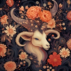 Capricorn Floral Art Panel Fabric, Mystical Ram Print, Elegant Zodiac-Inspired Textile