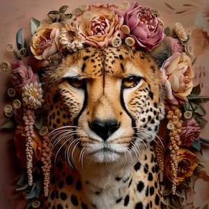 Op de afbeelding: Een cheetah met een kroon van roze, perzikkleurige en crèmekleurige bloemen. De cheetah heeft een serieuze uitdrukking en kijkt recht in de camera.