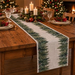 Lined Pine Tree Table Runner: Rustic Christmas Linen Effect Print Decor, Christmas table runner