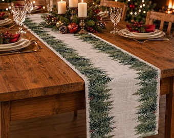 Camino de mesa de pino forrado: decoración rústica con estampado de lino navideño, camino de mesa navideño