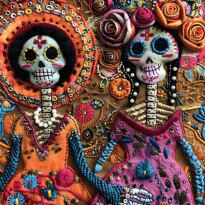 Mexican Sugar Skull Fabric, Día de los Muertos Embroidery Print, Colorful Folk Art Textile