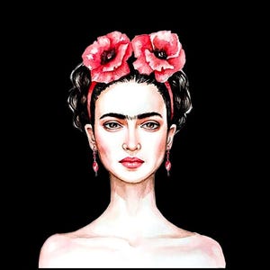 May include: Watercolor portrait of a woman with dark hair, a prominent unibrow, and red lipstick. She wears a red headband and earrings, and two large red flowers adorn her head. The background is solid black.