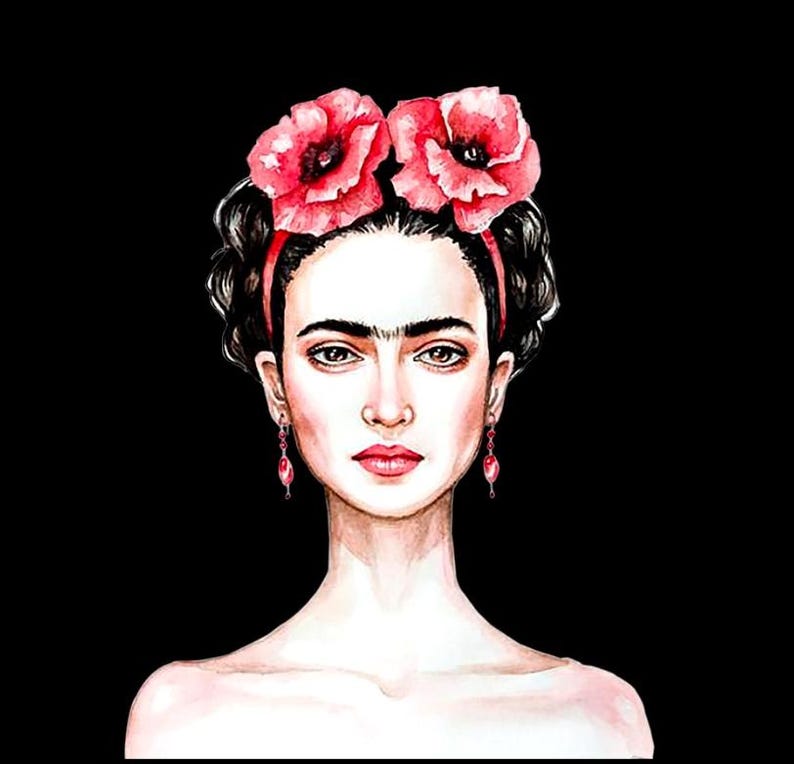 May include: Watercolor portrait of a woman with dark hair, a prominent unibrow, and red lipstick. She wears a red headband and earrings, and two large red flowers adorn her head. The background is solid black.