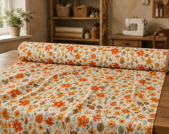 Autumn Floral Fabric by the Yard, Orange Fall Botanical Print, Retro Harvest Home Decor