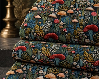 Printed Mushroom Fabric by the Yard, Woodland Wildflower Embroidered Look, Cottagecore Forest Botanical Decor